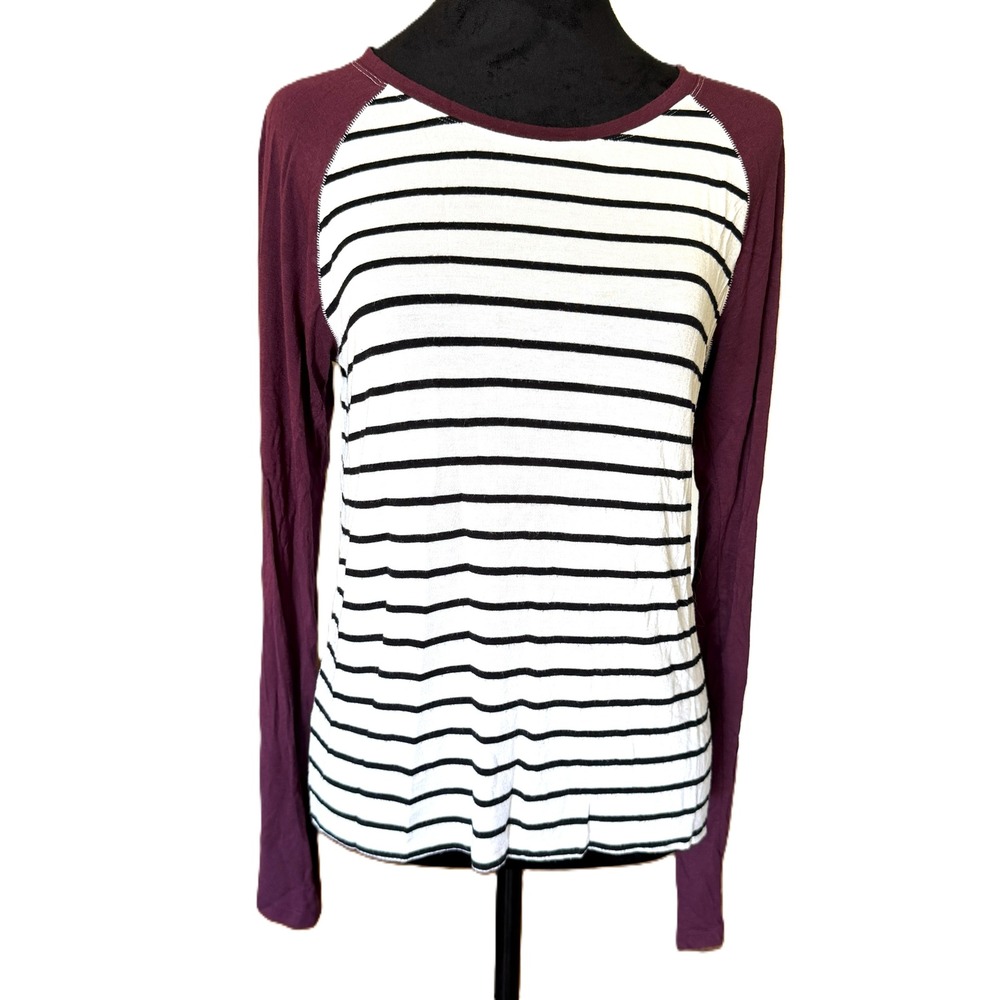 Prince & Fox‎ Womens Raglan Long Sleeve Striped Baseball Top Wine Black White L